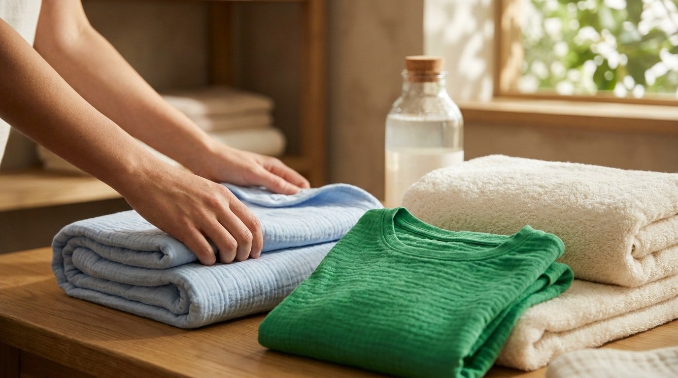 Mains pliant du linge en coton bio sur une table en bois avec des serviettes et une bouteille de lessive.