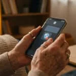 Mains d'une personne âgée tenant un smartphone affichant une alerte de sécurité sur un écran sombre.