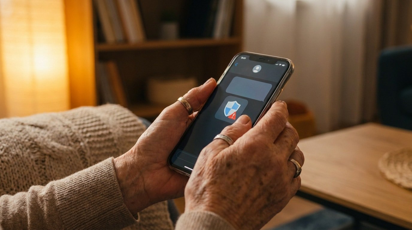 Mains d'une personne âgée tenant un smartphone affichant une alerte de sécurité sur un écran sombre.