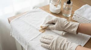 Une personne avec des gants nettoie une tache sur un tissu blanc avec un chiffon, entourée de produits ménagers naturels.