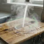 Une planche à découper en bois est rincée sous l'eau chaude du robinet dans un évier en acier inoxydable.