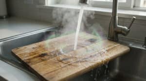 Une planche à découper en bois est rincée sous l'eau chaude du robinet dans un évier en acier inoxydable.
