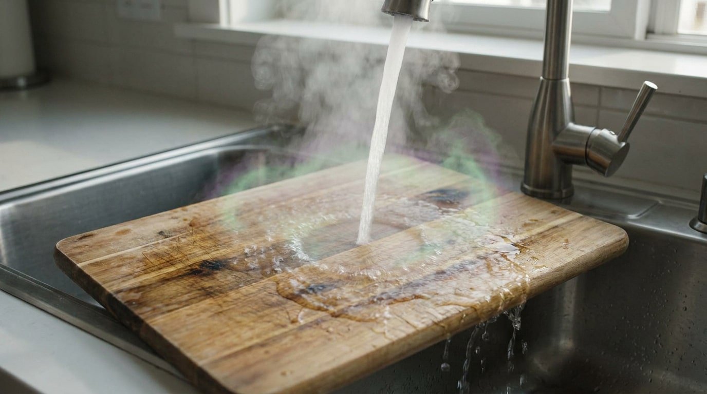 Une planche à découper en bois est rincée sous l'eau chaude du robinet dans un évier en acier inoxydable.
