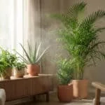 Plantes d'intérieur vertes sur un buffet en bois près d'une fenêtre avec un léger nuage de vapeur rafraîchissante.