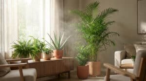 Plantes d'intérieur vertes sur un buffet en bois près d'une fenêtre avec un léger nuage de vapeur rafraîchissante.