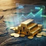 Lingots d'or et pièces sur fond rocheux avec un graphique numérique projeté affichant la croissance pour 2026.