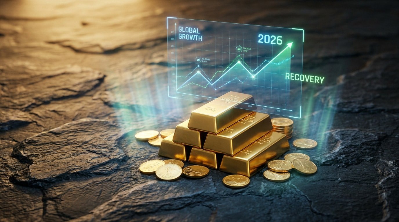 Lingots d'or et pièces sur fond rocheux avec un graphique numérique projeté affichant la croissance pour 2026.
