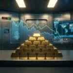 Lingots d'or empilés en pyramide sur une table devant des écrans de données financières avec les symboles du dollar et rouble.