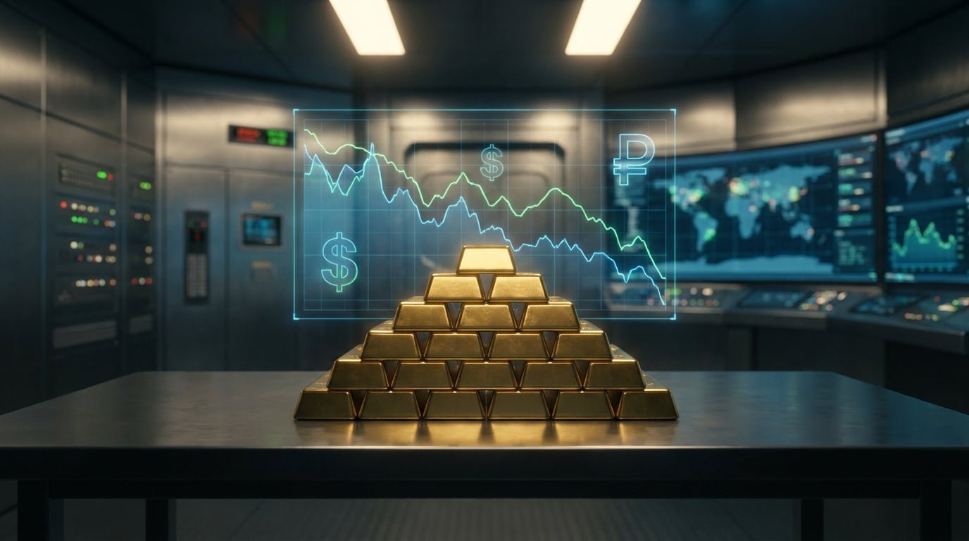 Lingots d'or empilés en pyramide sur une table devant des écrans de données financières avec les symboles du dollar et rouble.