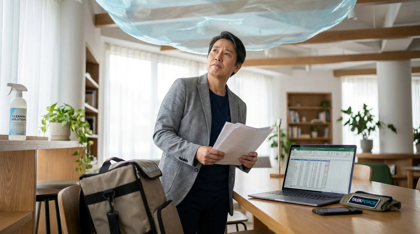 Un homme d'âge mûr regarde vers le haut dans un bureau, tenant des documents avec un sac de livraison à côté.