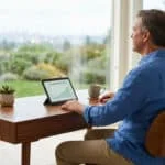 Un homme d'âge mûr assis devant une tablette affichant un plan de retraite, face à une grande baie vitrée.
