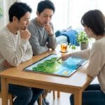Trois personnes discutent autour d'une table en regardant une carte de vacances sur une tablette numérique.