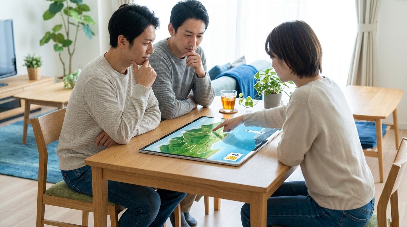 Trois personnes discutent autour d'une table en regardant une carte de vacances sur une tablette numérique.