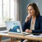 Une femme réfléchit devant son ordinateur affichant un graphique de progression financière pour l'année 2026.
