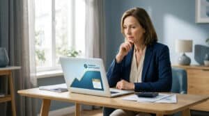 Une femme réfléchit devant son ordinateur affichant un graphique de progression financière pour l'année 2026.