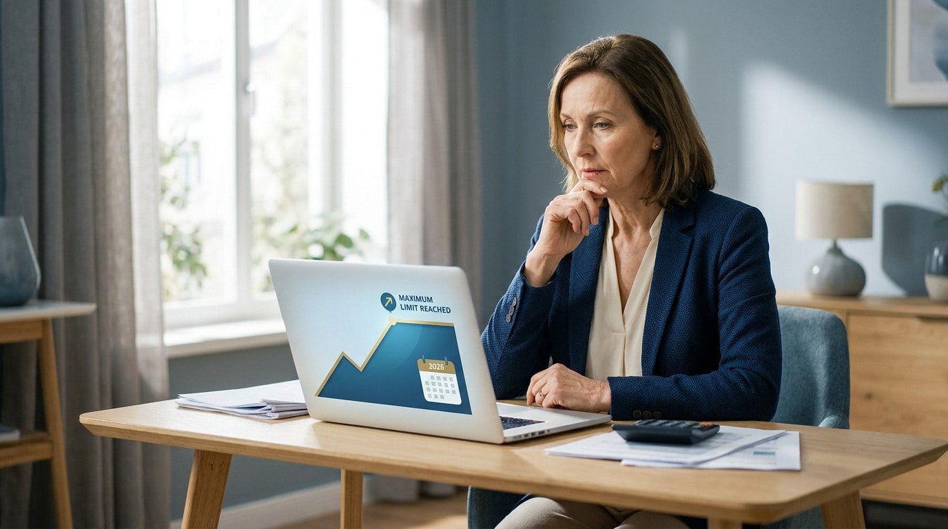 Une femme réfléchit devant son ordinateur affichant un graphique de progression financière pour l'année 2026.