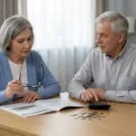 Un couple de seniors assis à une table en train d'examiner des documents financiers et de calculer leurs dépenses.