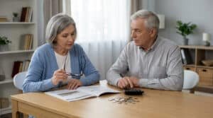Un couple de seniors assis à une table en train d'examiner des documents financiers et de calculer leurs dépenses.