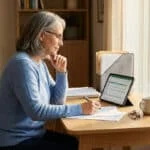 Une femme mûre vérifie ses documents de retraite sur une tablette numérique, assise à son bureau près d'une fenêtre.