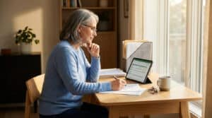 Une femme mûre vérifie ses documents de retraite sur une tablette numérique, assise à son bureau près d'une fenêtre.