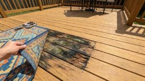 Une main soulève un tapis extérieur révélant du bois pourri et de la mousse sur une terrasse en bois.