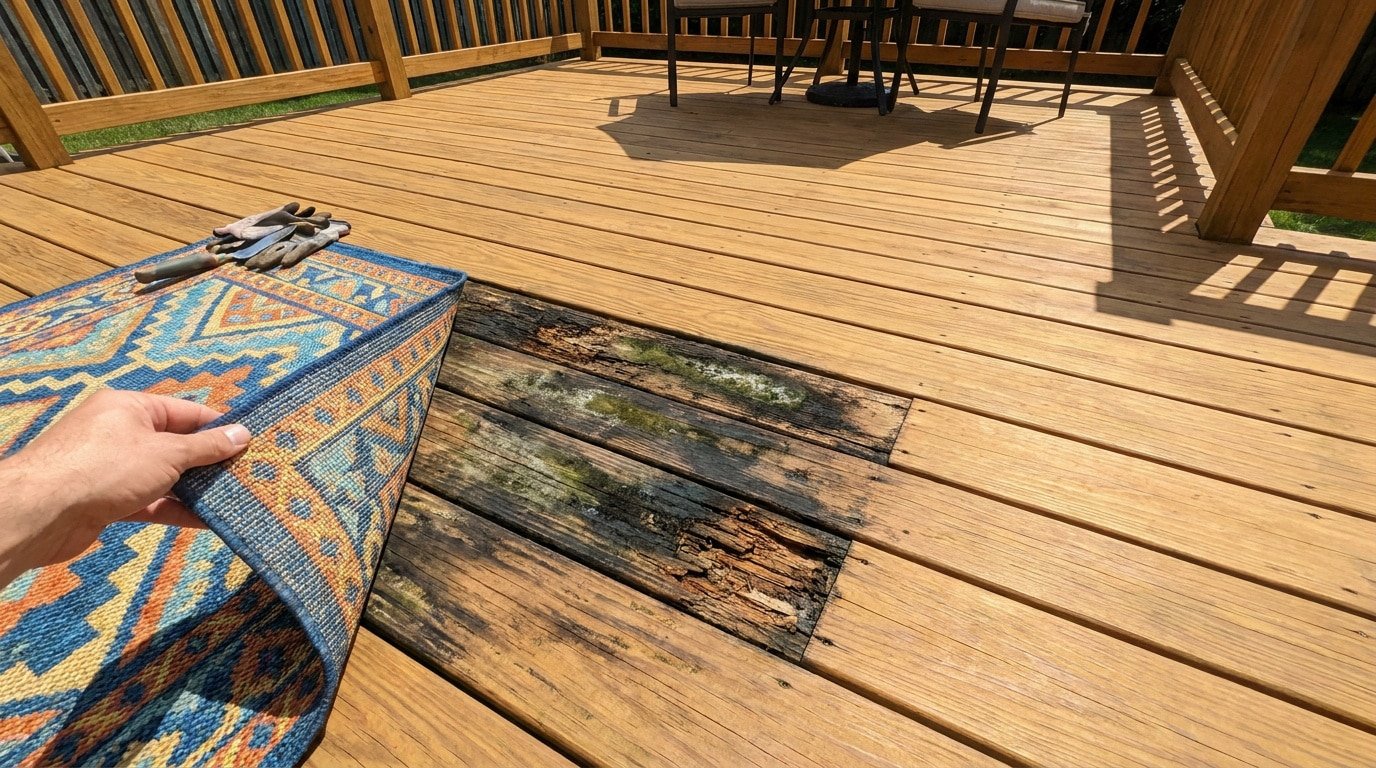 Une main soulève un tapis extérieur révélant du bois pourri et de la mousse sur une terrasse en bois.