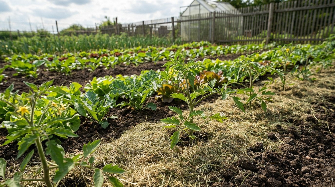 Jeunes plants de tomates dans un potager paillé avec de l'herbe coupée, avec une serre en arrière-plan.