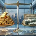 Une balance d'équilibre pesant des lingots d'or face à des liasses de billets et des bons du trésor américain.