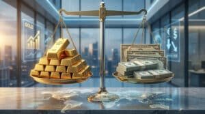 Une balance d'équilibre pesant des lingots d'or face à des liasses de billets et des bons du trésor américain.