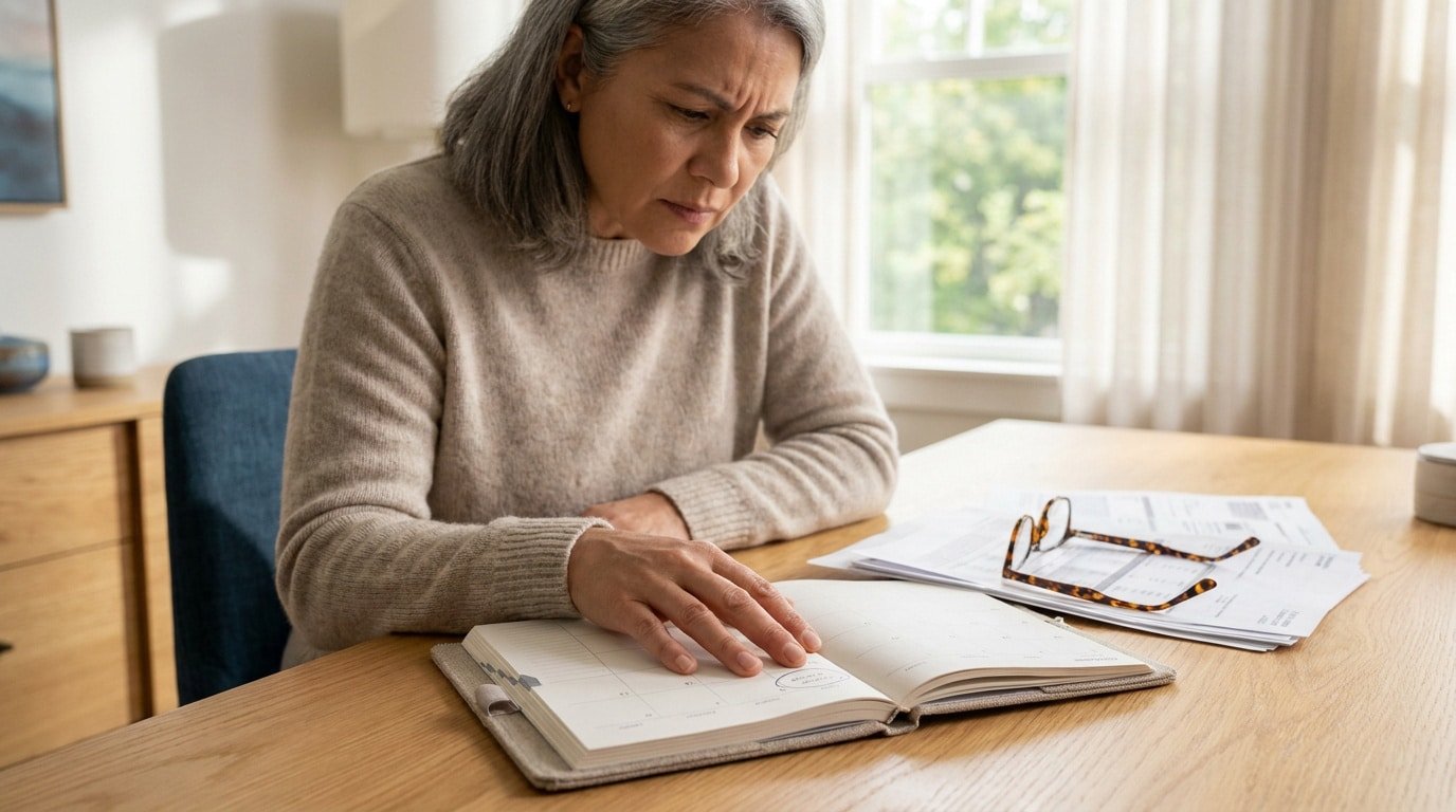 Une femme aux cheveux gris consulte un agenda et des documents administratifs à son bureau.