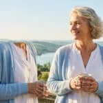 Femme mature aux cheveux gris souriant, tenant une tasse, avec un paysage de lac en arrière-plan.