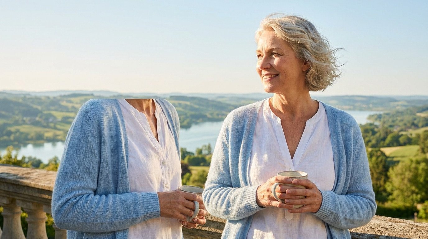 Femme mature aux cheveux gris souriant, tenant une tasse, avec un paysage de lac en arrière-plan.