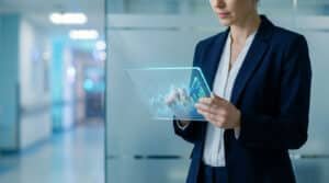 Cadre en tailleur consultant des graphiques financiers numériques sur une tablette transparente dans un couloir d'hôpital.