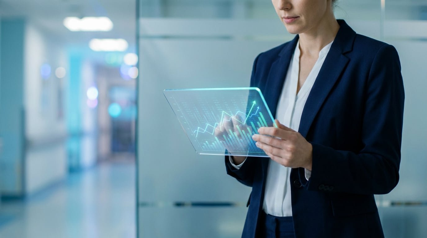 Cadre en tailleur consultant des graphiques financiers numériques sur une tablette transparente dans un couloir d'hôpital.
