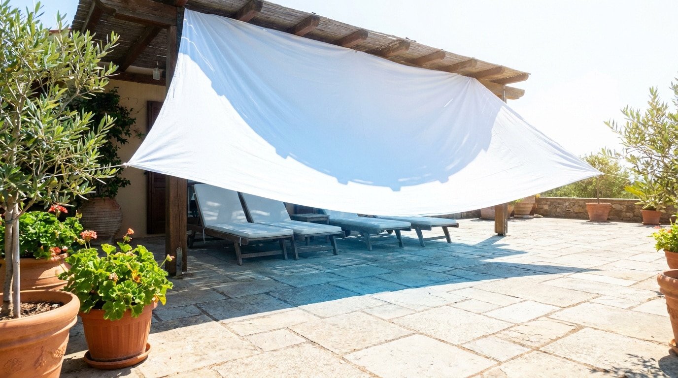 Un drap blanc tendu sous une pergola en bois pour créer de l'ombre sur une terrasse en pierre avec des transats.