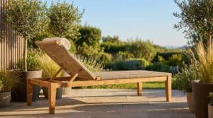 Transat de jardin en bois de teck et assise en corde tressée sur une terrasse ensoleillée entourée de plantes.