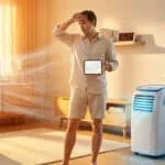 Un homme transpirant dans un salon chaud, tenant une tablette, devant un ventilateur et un climatiseur mobile.
