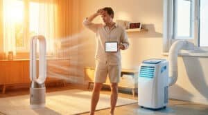 Un homme transpirant dans un salon chaud, tenant une tablette, devant un ventilateur et un climatiseur mobile.