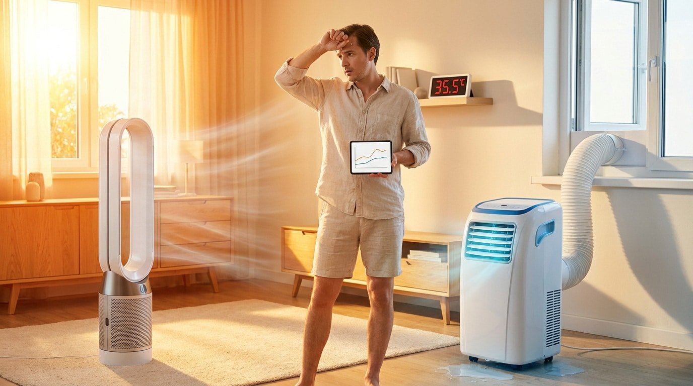 Un homme transpirant dans un salon chaud, tenant une tablette, devant un ventilateur et un climatiseur mobile.