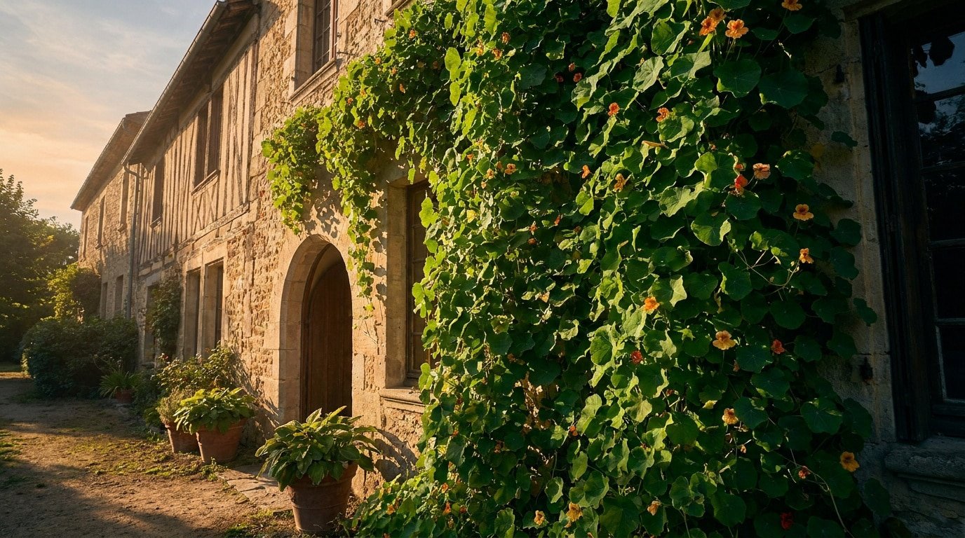 Façade en pierre ancienne ornée de capucines grimpantes sous une lumière de fin d'après-midi.