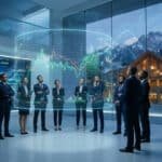 Groupe d'analystes financiers observant des graphiques boursiers holographiques dans un bureau moderne.