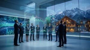 Groupe d'analystes financiers observant des graphiques boursiers holographiques dans un bureau moderne.