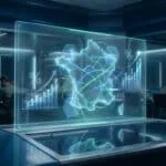 Carte de France holographique avec des graphiques financiers dans un centre de contrôle militaire moderne.
