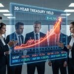 Équipe de professionnels de la finance observant un graphique holographique affichant une hausse du rendement du Trésor.