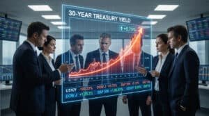 Équipe de professionnels de la finance observant un graphique holographique affichant une hausse du rendement du Trésor.