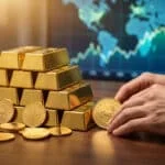 Mains d'investisseur manipulant une pièce d'or devant une pile de lingots et un graphique boursier.