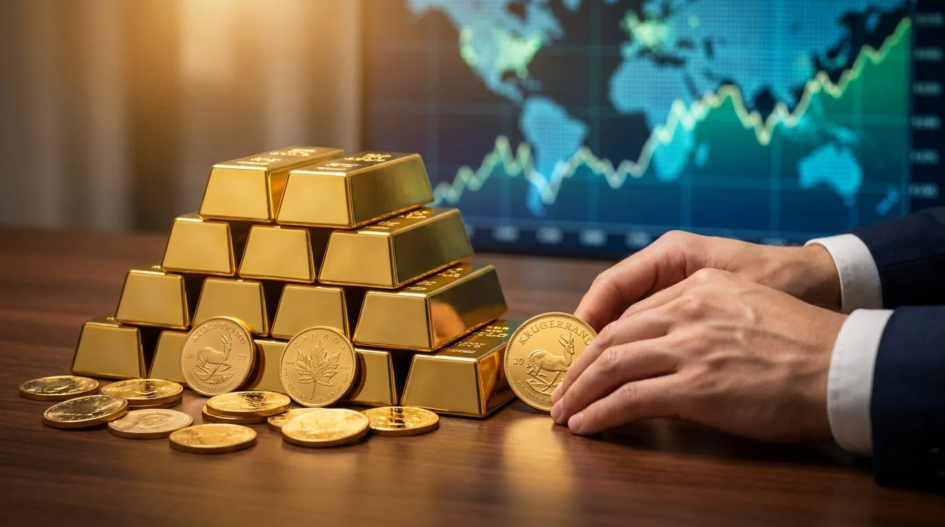 Mains d'investisseur manipulant une pièce d'or devant une pile de lingots et un graphique boursier.