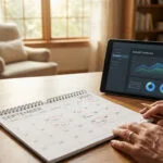 Mains d'une personne âgée sur un bureau avec un calendrier de septembre 2026 et une tablette affichant un budget.