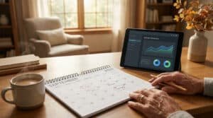 Mains d'une personne âgée sur un bureau avec un calendrier de septembre 2026 et une tablette affichant un budget.