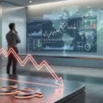 Un investisseur observe des graphiques financiers montrant une chute du dollar devant une carte du monde numérique.